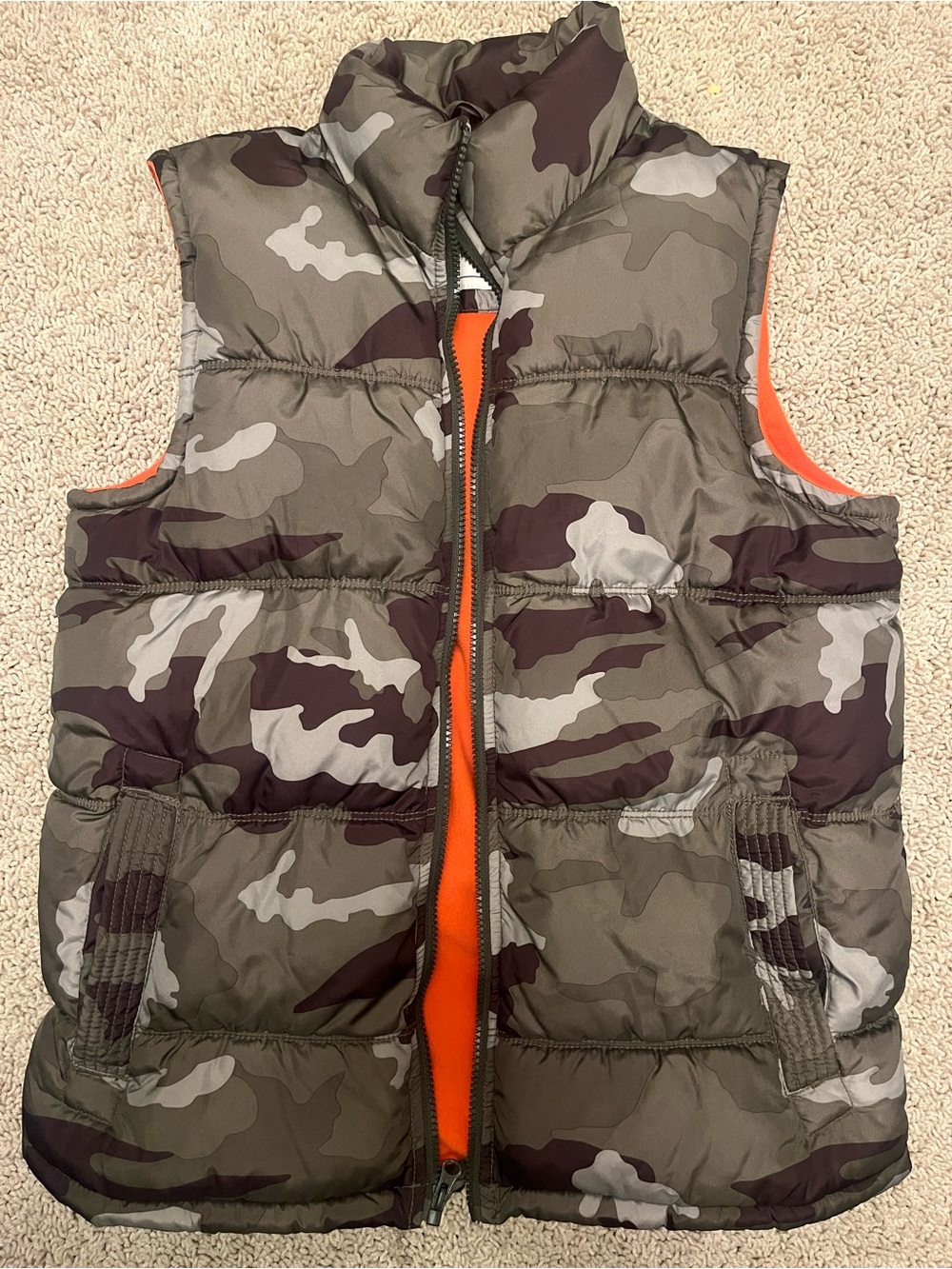 Old Navy Kids Camo Puffer Vest in Olive and Orange